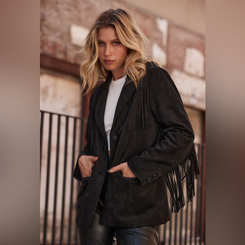 12th Tribe Luna Black Suede Fringe Blazer